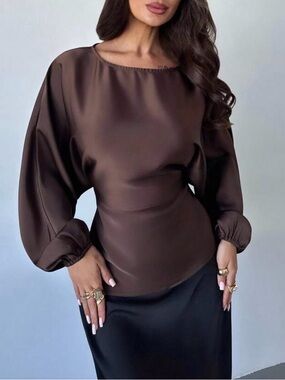 Brown Satin Long-Sleeve Women's Blouse